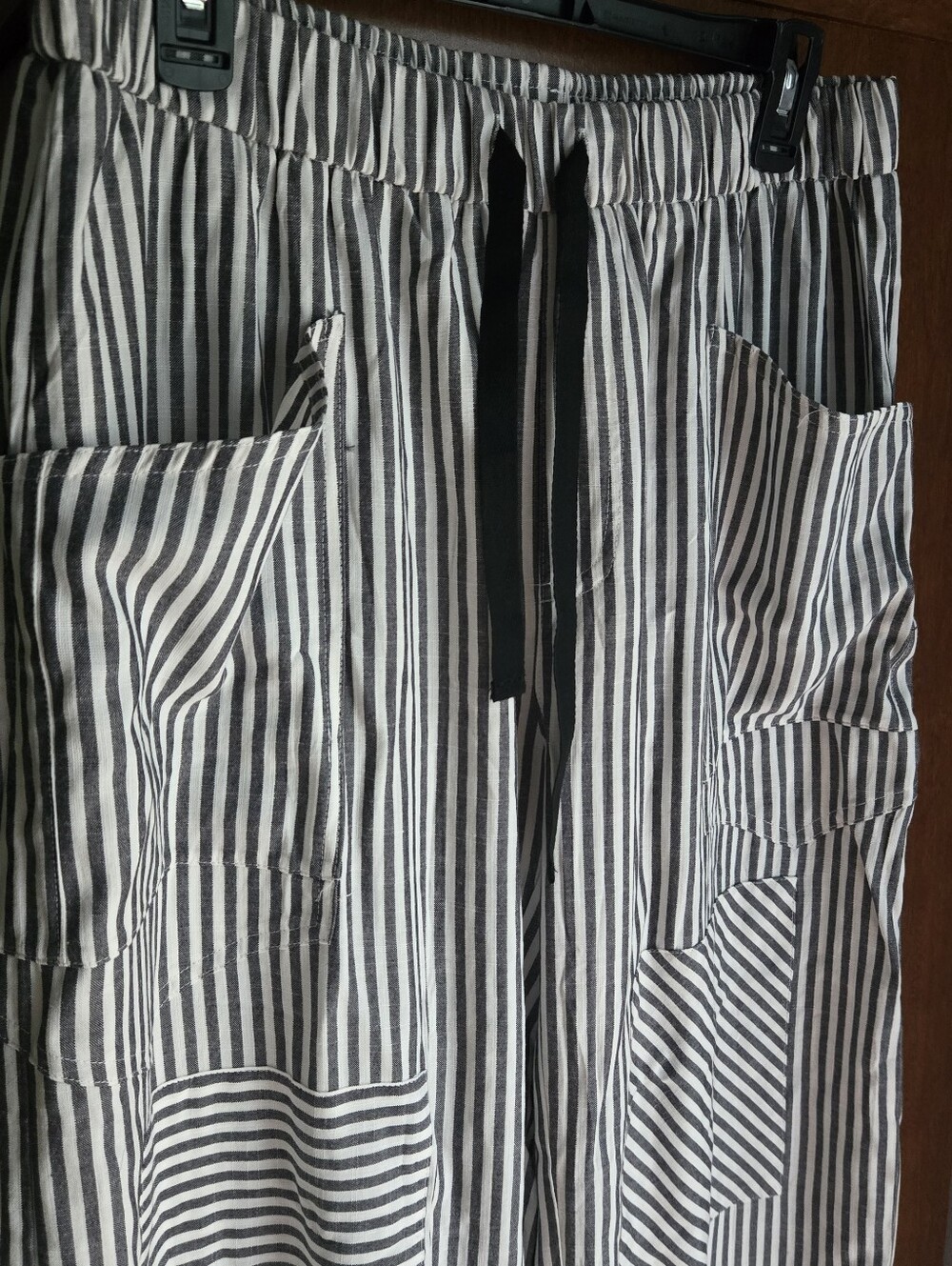 Women's Wide-Leg Striped Drawstring Pants - Black/White - Picture 2 of 7